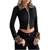 SOLY HUX Women's Zip Up Jacket Leopard Fuzzy Collar Long Sleeve Cropped Jackets Outerwear