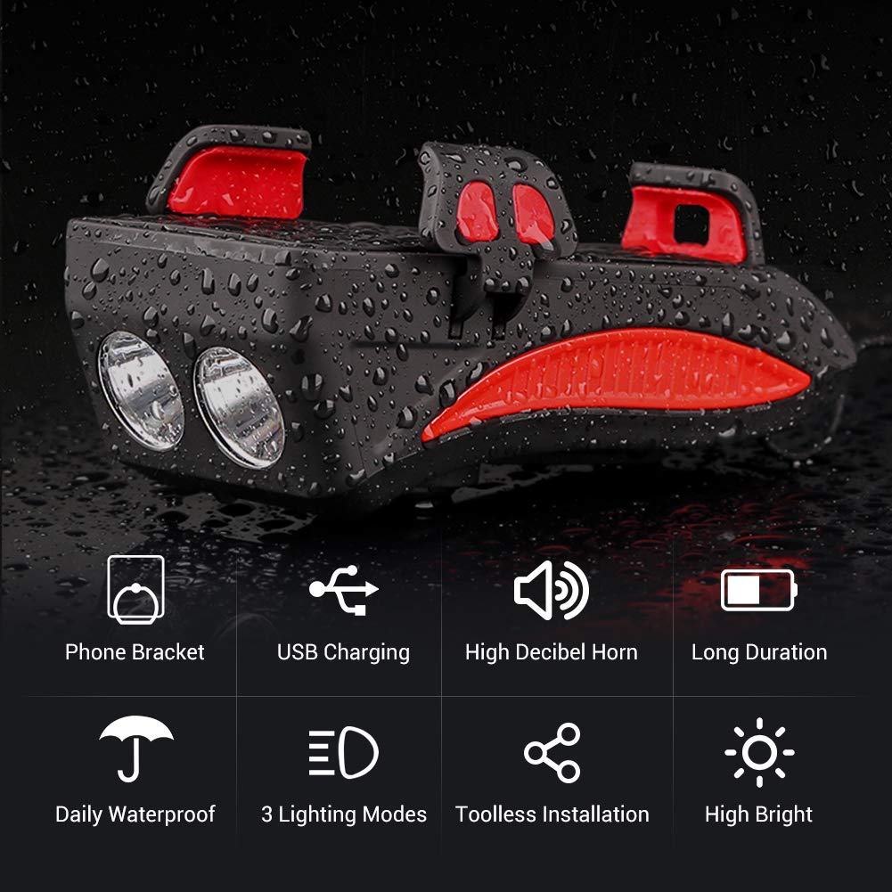 Lypulight luz Bicicleta, Luz Delantera de Bicicleta Recargable USB, luz de Ciclismo con Soporte para teléfono, Banco de alimentación de Carga USB y bocina de Alto decibelio (Cable USB Incluido)