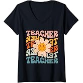Womens Retro Teacher Daisy Colorful - Elementary School Teacher V-Neck T-Shirt
