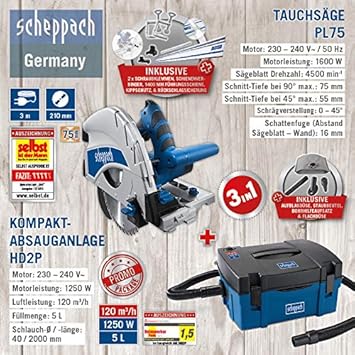 Scheppach Pl75 Scie Circulaire Avec Rail De Guidage Et Systeme D Aspiration 3 En 1 Hd2p Amazon Fr Bricolage