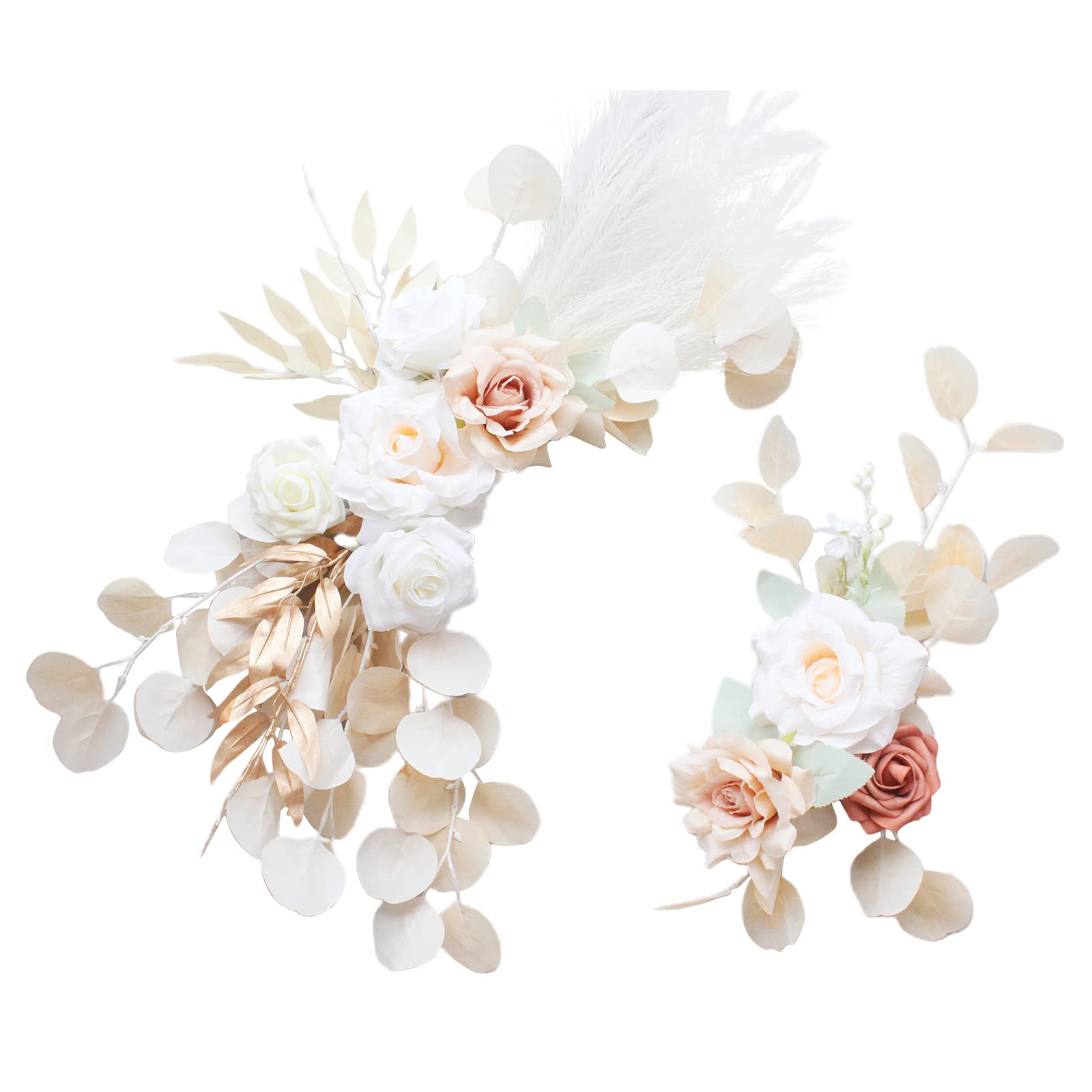 INIFLM 2PCS Wedding Arch Flowers, Artificial White Rose Flower Swag with Silver Leaves and Pampas Grass, Wedding Chair Arbor Floral Arrangement, White, Pink, 25.6x11 inch,15.7x5.9 inch