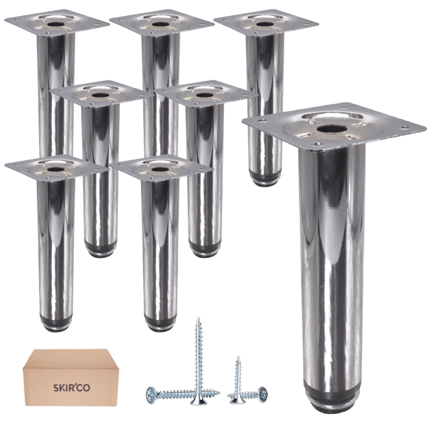 SKIR'CO (Pack of 8 pcs Height Adjustable Metal Furniture Legs, 15 cm Glossy Chrome Furniture Feet, Round Sofa Legs With Screws (8, Height 15 cm)