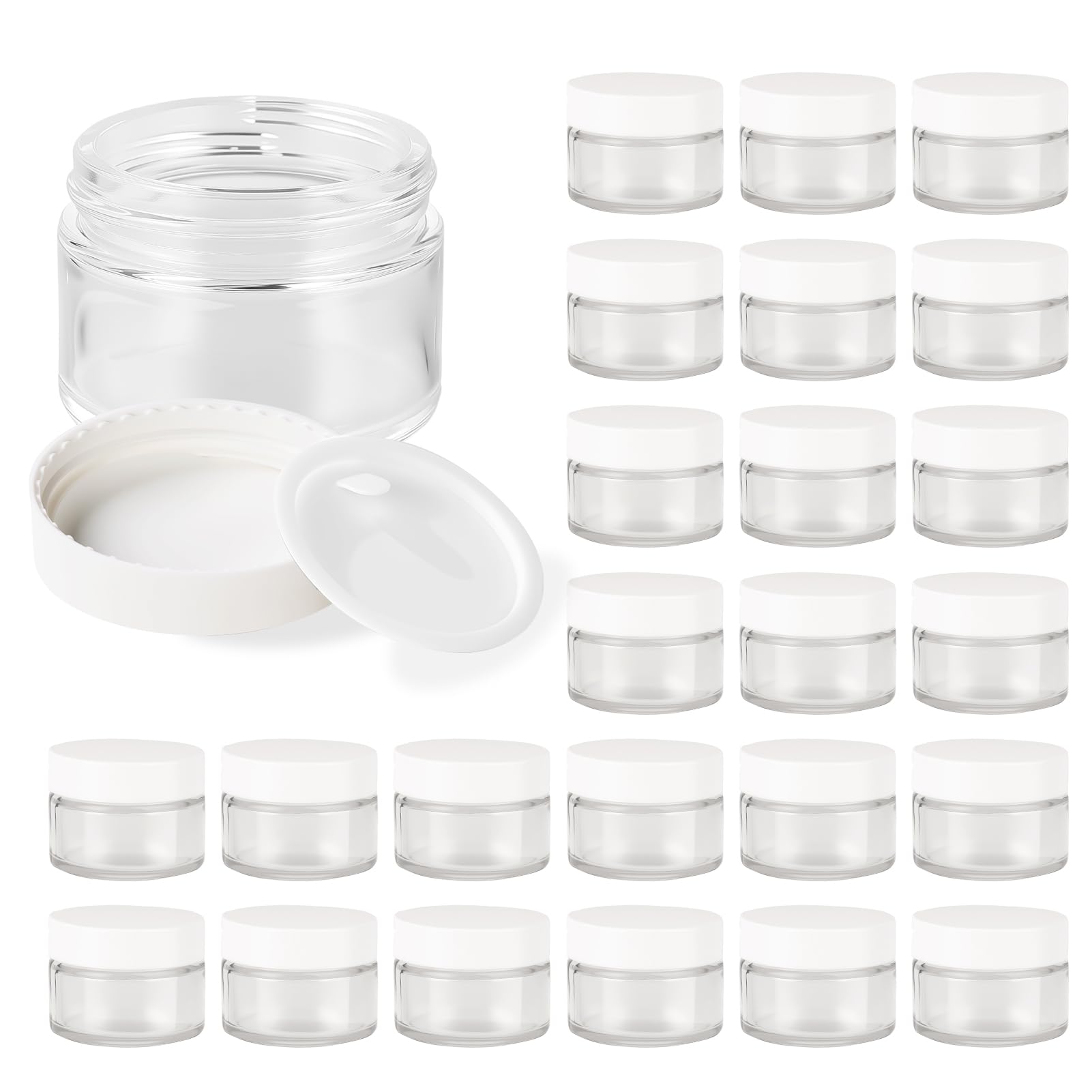 Photo 1 of 1oz Glass Jar with Lid, Hoa Kinh 25Pack Clear Round Containers Cosmetic Glass Jars with Inner Liners and White Lids Travel Jars for Storing Lip and Body Scrub, Lotion, Body Butter, Bath Salts, Liquid