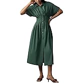 Yeokou Shirt Dress for Women Summer Casual Short Sleeve Button Down Loose Pleated Maxi Sundress with Pockets