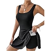 WDIRARA Women's Tennis Dress Athletic Square Neck Sleeveless Flared Short Dresses with Built in Shorts