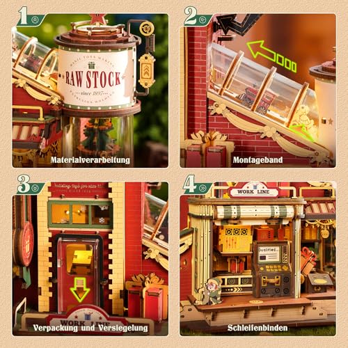 ROBOTIME 3D Holzpuzzle Geschenkfabrik Bausatz – Mechanisches Modell mit Musik & LED Licht, Retro Vintage Bastelset für Erwachsene & Jugendliche, EAB01