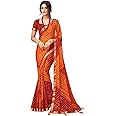 SIRIL Women's Bandhani Printed Chiffon Saree With Blouse(2612S2080_) 5.5 Meters Orange & Red
