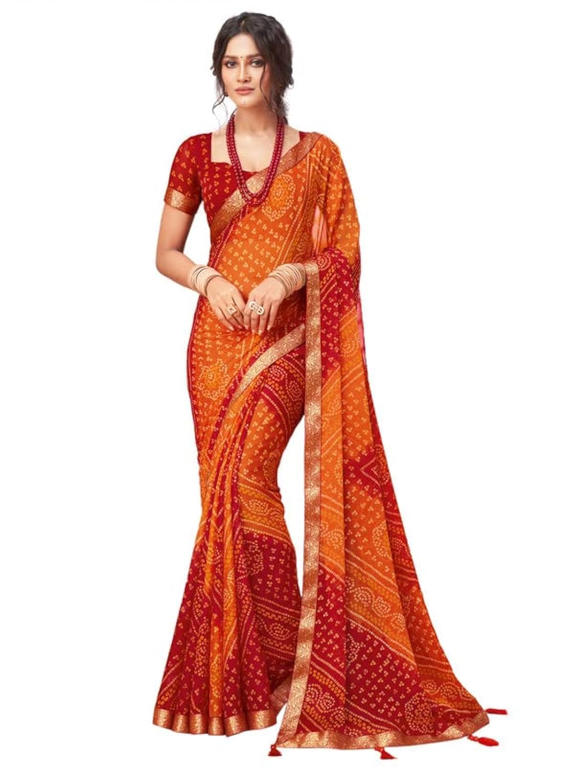 Photo 1 of ** UNKNOWN SIZE*** SIRIL Women's Bandhani Printed Chiffon Saree With Blouse(2612S2080_) 5.5 Meters Orange & Red