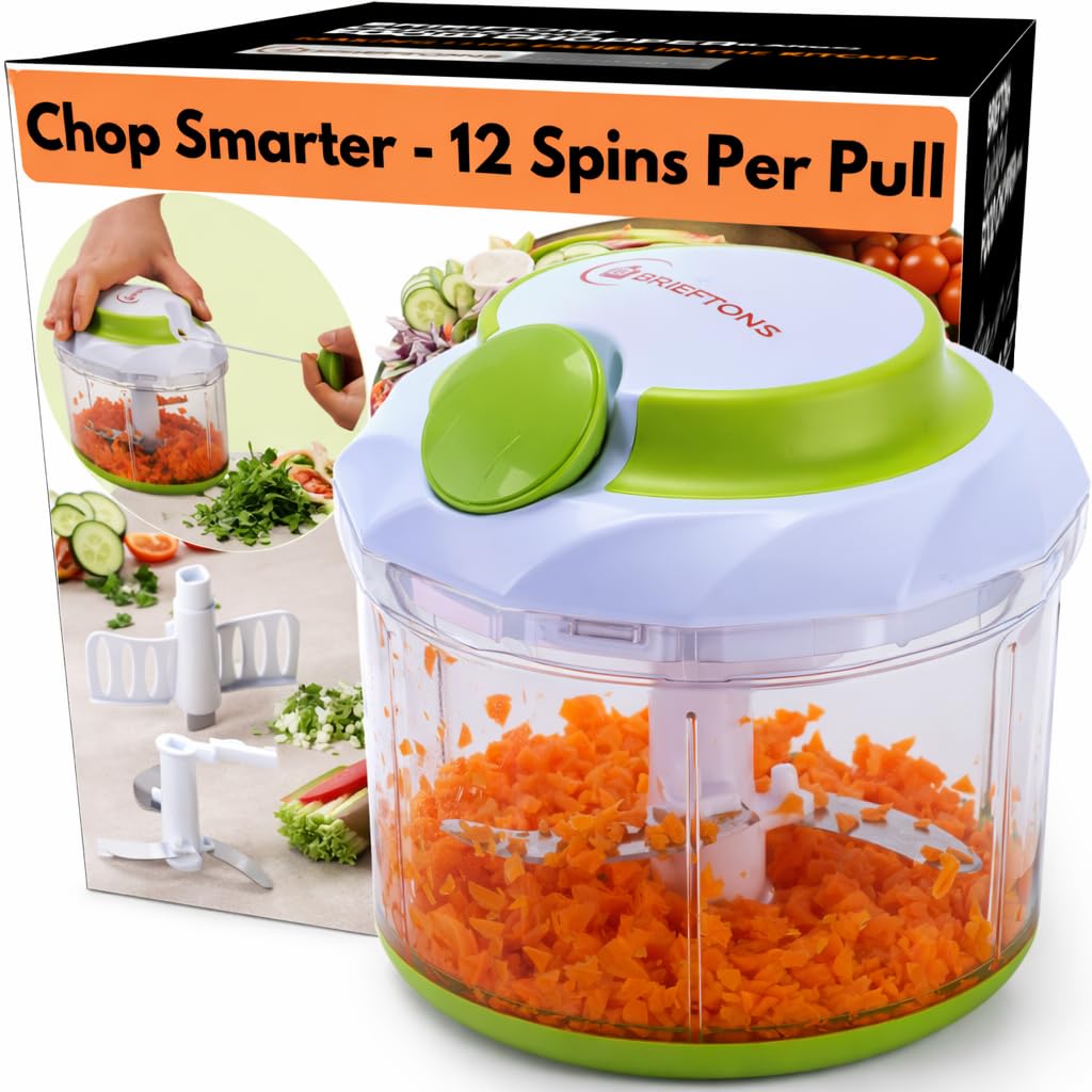 Brieftons QuickPull Food Chopper: Manual Hand Held Chopper/Mixer/Blender to Chop Fruits, Vegetables, Herbs, Onions for Salsa, Salad, Pesto, Puree, Indian Cooking, 950 ml, with 3 Recipe Ebooks