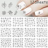 Macute Nail Black Flower Decals Nail Art Water Transfer Stickers 12 Sheets Women DIY Nail Sliders Manicure Wraps Paper Decorations for Fingernails & Toenails Beauty Decor Leaf Butterfly Designs