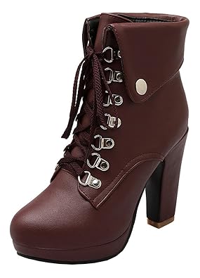 YE Damen Blockabsatz Plateau High Heel Stiefeletten mit Schnürung und Nieten Elegant Herbst Winter Schuhe Short Ankle Boots