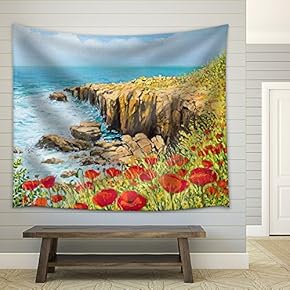 an Oil Painting on Canvas of a Coastal Summer Seascape with a Breeze Blowing - Fabric Wall Tapestry Home Decor - 51x60 inches