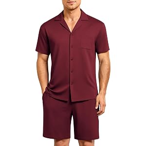Casey Kevin Men's Pajamas Set Short Sleeve Button Down Loungewear 2 Pieces | Soft Comfy Summer Pj Shorts with Pockets Stretch
