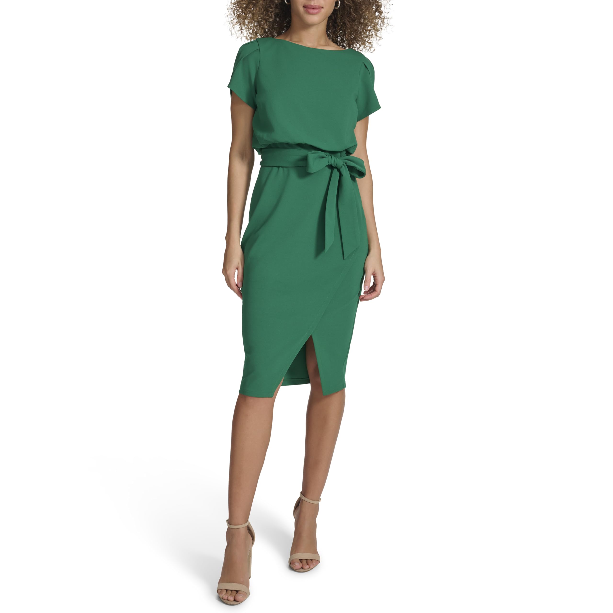 Kensie Women’s Short Sleeve Tie Waist Midi Dress, Forest Green, 12
