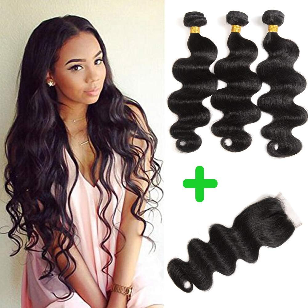 Brazilian Virgin Hair Body Wave 3 Bundles with T Part Closure (18 20 22+16") 10A Virgin Brazilian Remy Human Hair Bundles with Closure 100% Unprocessed Remy Hair Bundles with Closure Natural Black