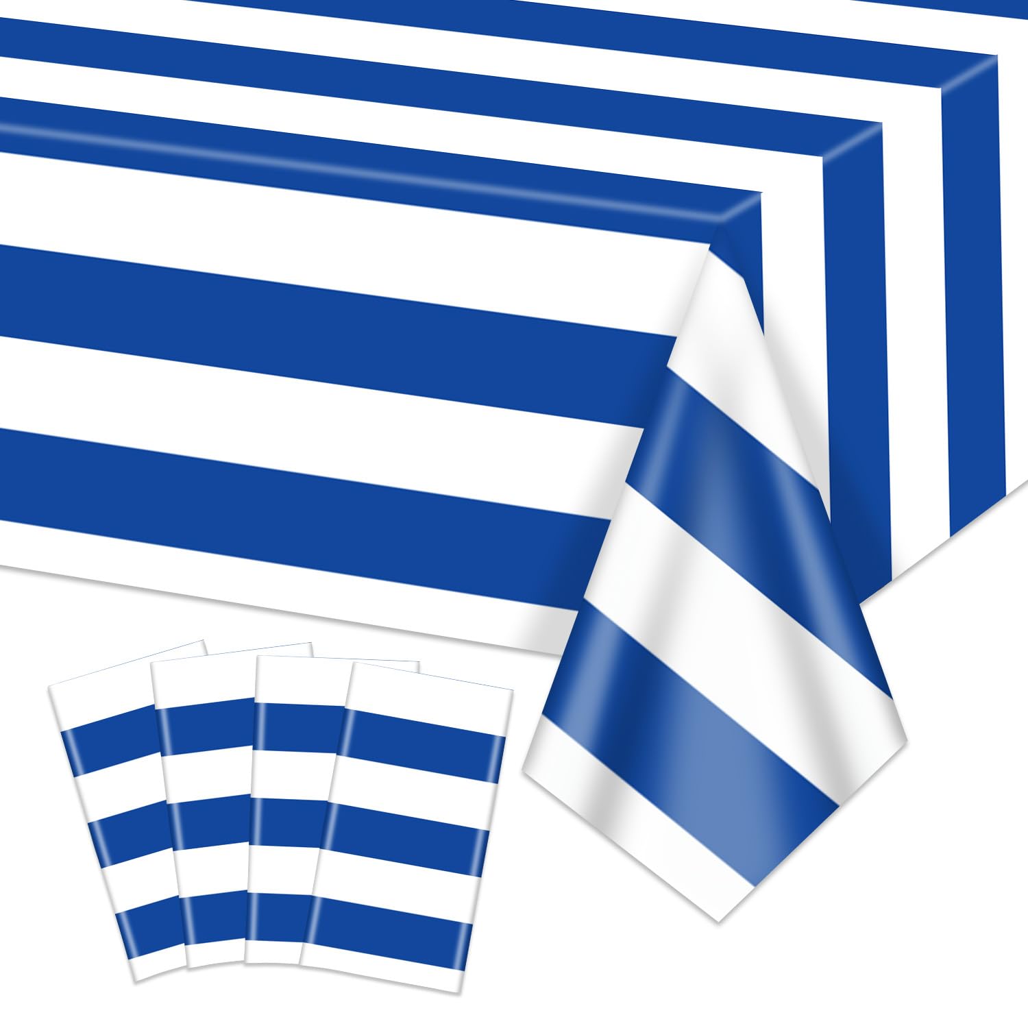 PIXHOTUL 4 Pcs Blue and White Striped Tablecloths, Nautical Tableccover Blue Stripes Plastic Table Decorations for Nautical Ocean Theme Party, Boy's 1st Birthday, 220 x 130cm