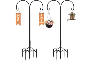 RINLAIN Bird Feeder Pole,Double Shepherds Hooks for Outdoor,5 Base Prongs Adjustable Bird Feeder Stand for Hanging Heavy Duty Bird Feeder,Plant Baskets,Garden Plant Hanger Stands(94Inch,2 Pack)