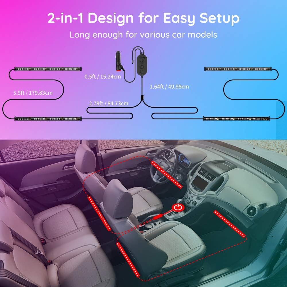 Govee Interior Car Lights, Upgraded 2-in-1 Design 48 LEDs Car LED Strip Lights with Remote and Control Box, Music Sync Under Dash Car Lighting with 32 Colors for Various Car, Car Charger Included, 12V: Automotive