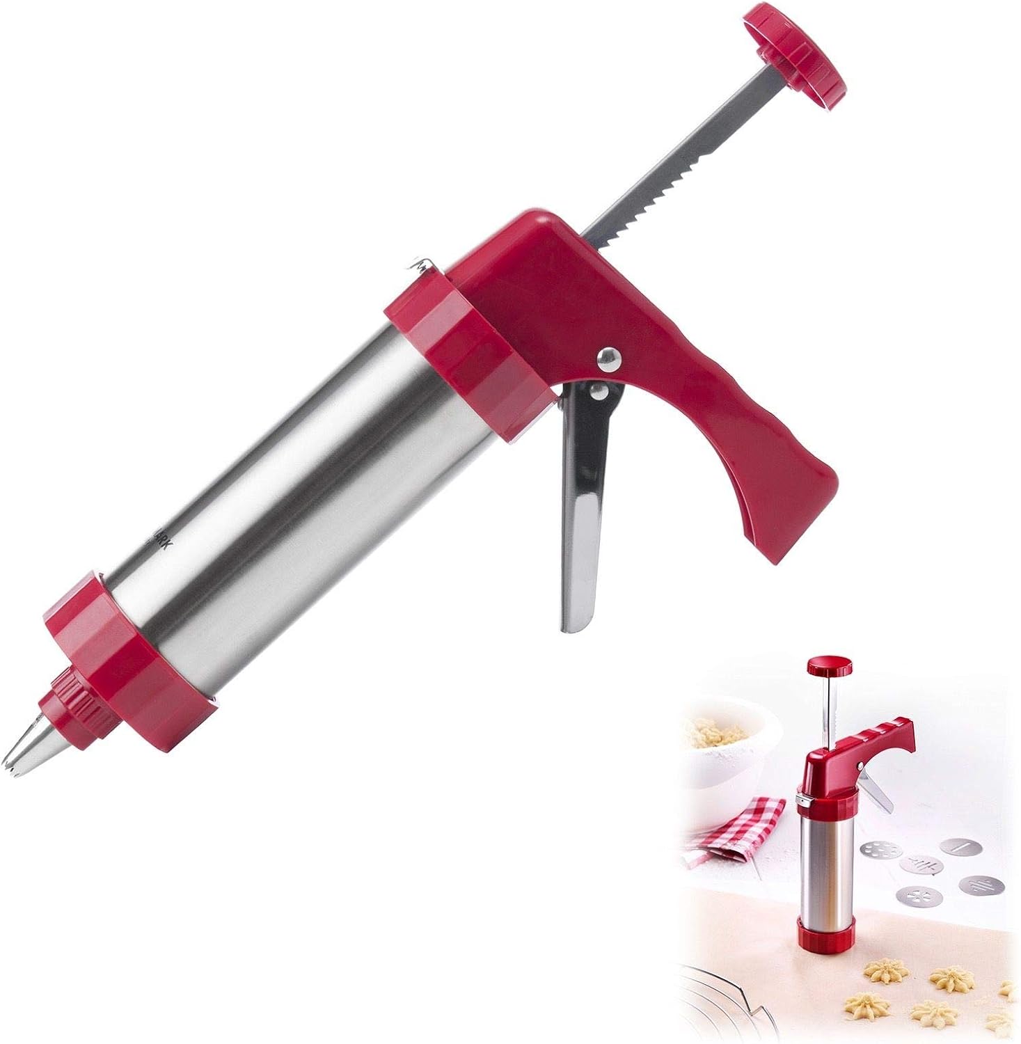 Westmark Gebäckpresse/Garnierspritze, Mit 8 Formscheiben und 8 Formtüllen, Füllmenge: 250 ml, Rostfreier Edelstahl/Kunststoff, Silber/Rot, 32332260