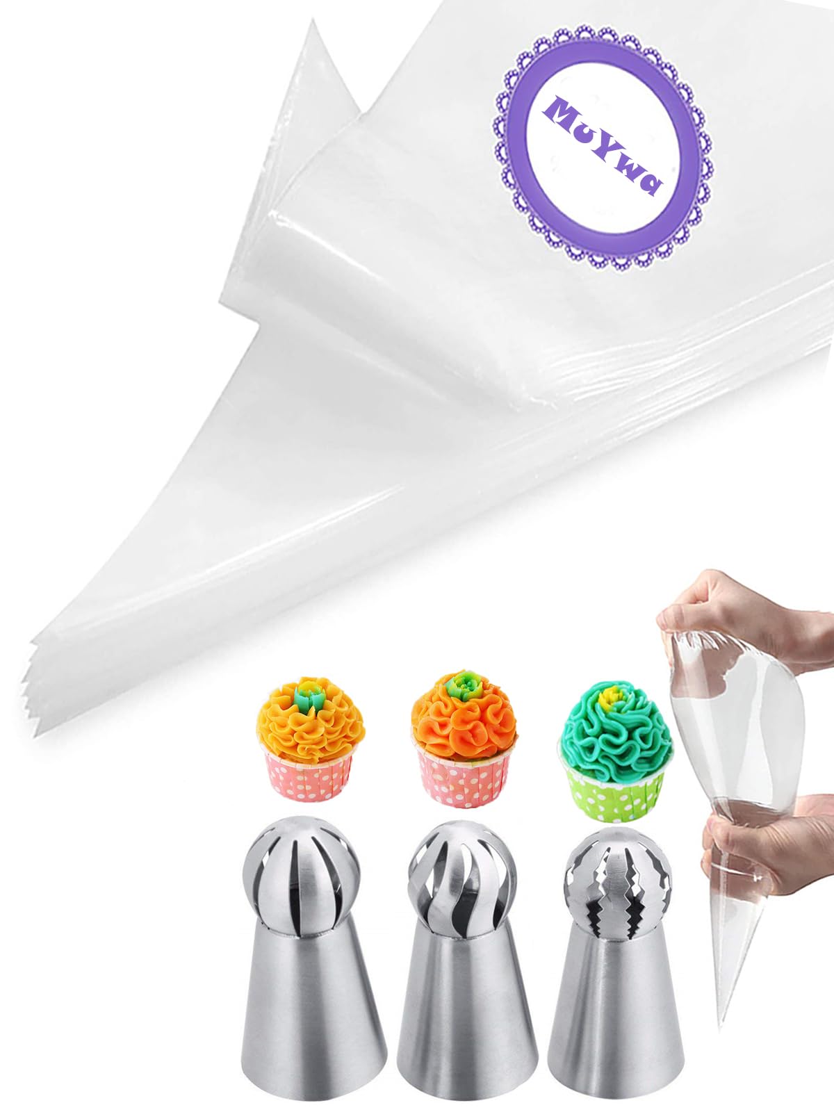 Russian Piping Nozzles Set with Bags,3 Pcs Piping Ball Tips Frosting Icing Piping Nozzles for Cake Decorating & 20 Disposable Piping Bags 12inch