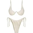 ZAFUL Women's Textured Underwire Bikini Set V Notch High Cut Swimwear Tie Side Ribbed Sexy Swimsuits