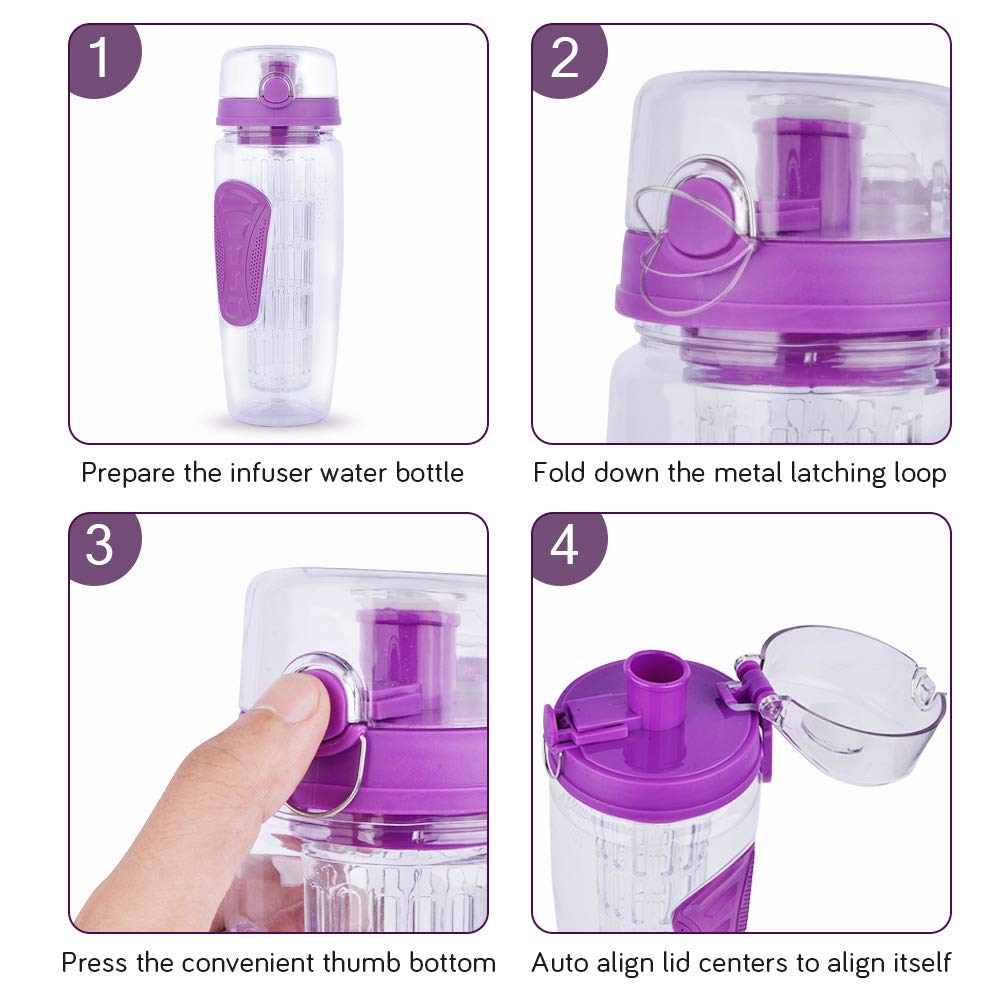 Yishik 2 in 1 Fruit Infuser Water Bottle Large 32oz Featuring a Full Length Infusion Rod， BPA-Free Fruit Infusion Sports Bottle - Flip Top Lid，Drinking Spout, Leak Proof, Made of Durable Tritan