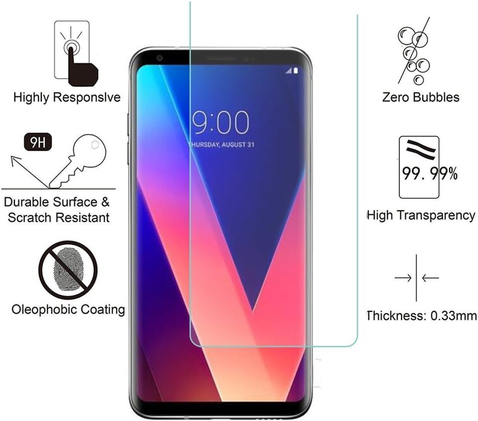 Aliga Glass Screen Protector for LG V30, [ 3-Pack ] 9H Hardness 2.5D Tempered Glass for LG V30 Bubble-Free Glass Screen Protectors for LG V30