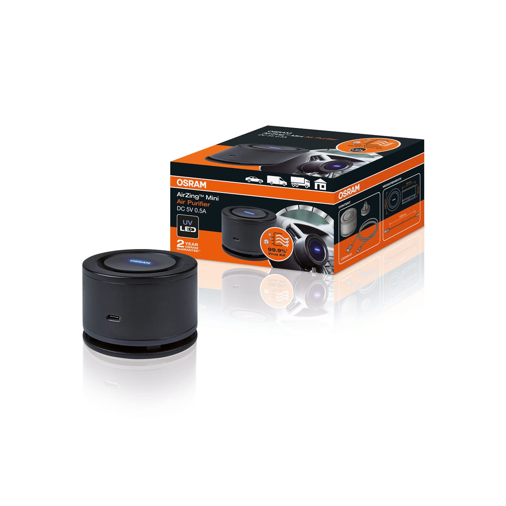 OSRAM LEDAS101 AirZing Mini Air Purifier, Car air purifier with USB port, Destroys viruses and bacteria in the vehicle up to 99 percent, High-tech TiO2 filter plus UVA LED light, Black