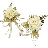 YOKOKE Corsage and Boutonniere Set, Handmade Artificial Peony Rose Wrist Corsage Wristlet and Groom Boutonniere for Men Wedding Prom Suit Decorations (Champagne Cream Gold)