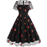 Black Cherry Dress Women Cherry Tulle Dress Illusion Mesh Sheer Flutter Sleeve Dress Wedding Guest Vintage Cocktail Dresses for Women Homecoming Prom Dress A-Line Short Evening Dress Black Cherry XXL