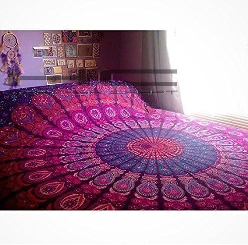 Mandala Tapestry Bedding with Pillow Covers, Indian Bohemian Hippie Tapestry Wall Hanging, Hippy Blanket or Beach Throw, Mandala Ombre Bedspread for Bedroom, Purple Queen Size Boho Decor