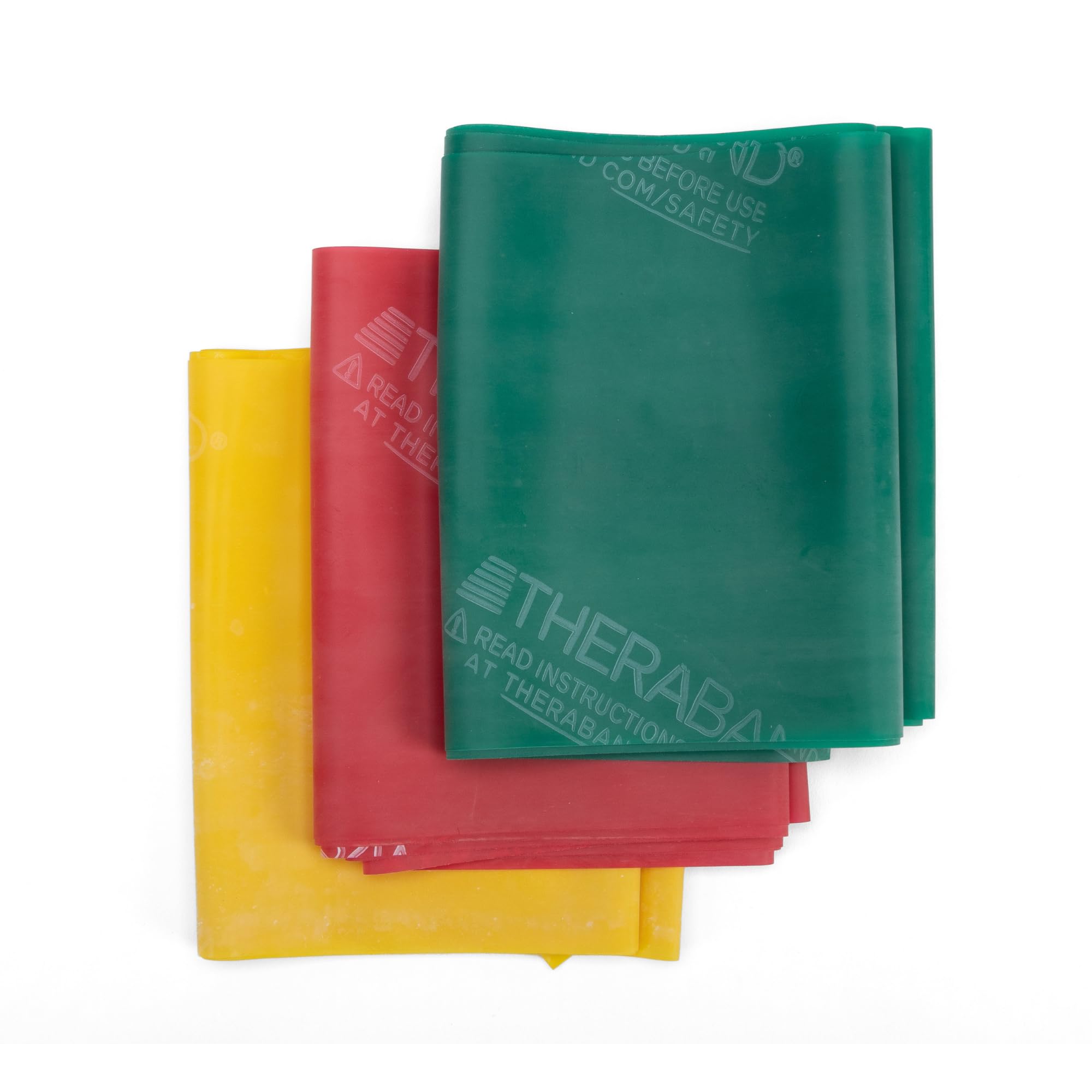 Photo 1 of THERABAND Resistance Band Set, Professional Elastic Bands for Upper & Lower Body, Core Exercise, Physical Therapy, Lower Pilates, At-Home Workouts, & Rehab, 5 Foot, Yellow, Red & Green, Beginner