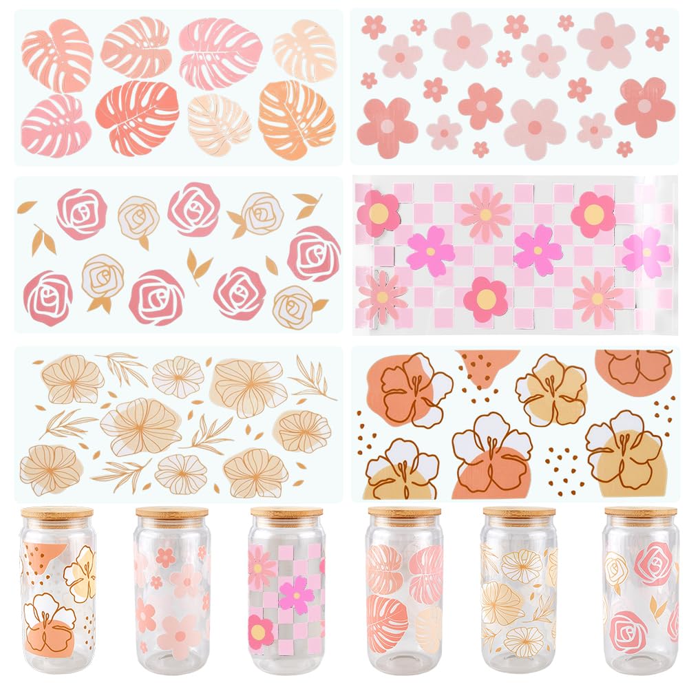 SOFPLATE 6Pcs 6 Styles UV DTF Cups Wraps Glass Cup Sticker Wrap Bulk Colorful Transparent Plastic Rose Flower Floral Leaves Waterproof Decals Stickers for Tumblers Wood Decoration DIY Crafts Supplies