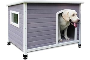 ROCKEVER 40" Wooden Outdoor Dog Houses, Waterproof Dog House Outside with Window & Door Flap Waterproof Dog House Outdoor Indoor, Assemble Easily-Grey