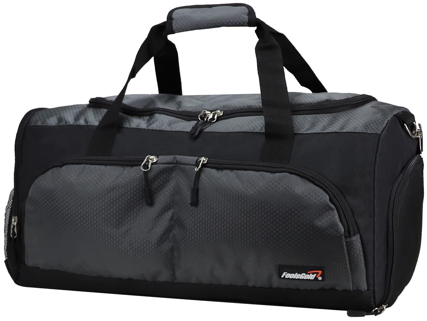 foolsGold Gym Duffle Bag with Shoe Compartment – Large Sports Holdall with Multiple Pockets, Fully Lined Interior, Durable 600D Polyester, Padded Strap & Base Pads – Grey
