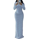 Uni Clau Long Sleeve Bodycon Maxi Dress for Women Elegant Crew Neck Textured Slim Fit Fall Party Dresses