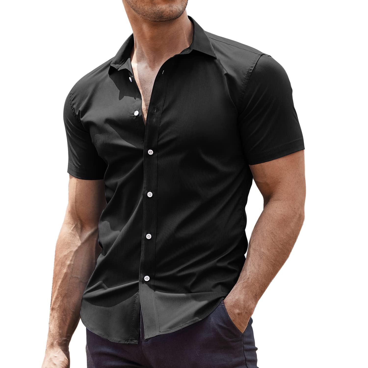 Photo 1 of COOFANDY Men's Muscle Fit Dress Shirts Wrinkle-Free Short Sleeve Casual Button Down Shirt Black