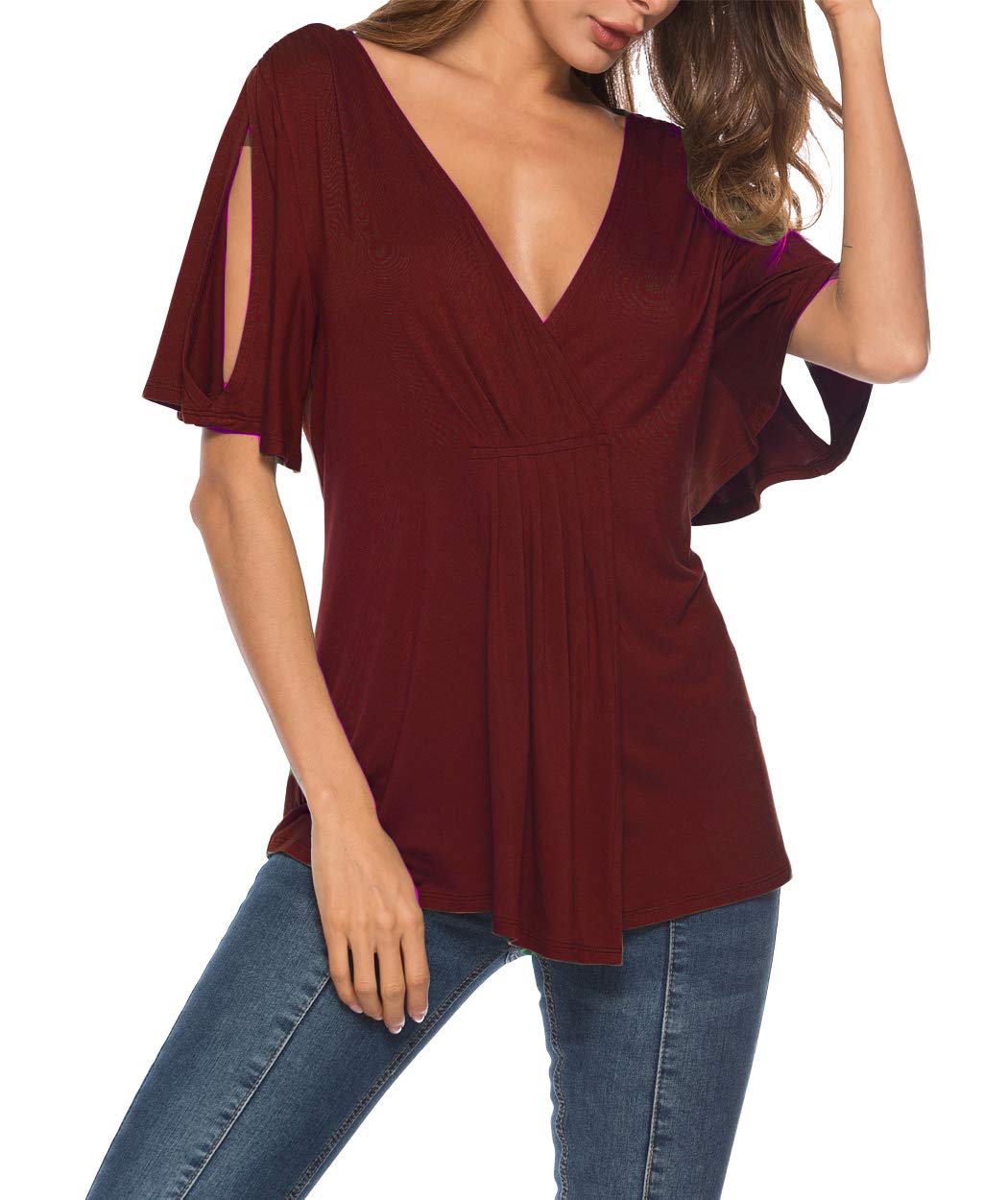 Eanklosco V Neck Shirts Womens Sexy Short Sleeve Cold Shoulder Tops Unique Ruffle Front Side Slit T Shirts (M, Wine Red)