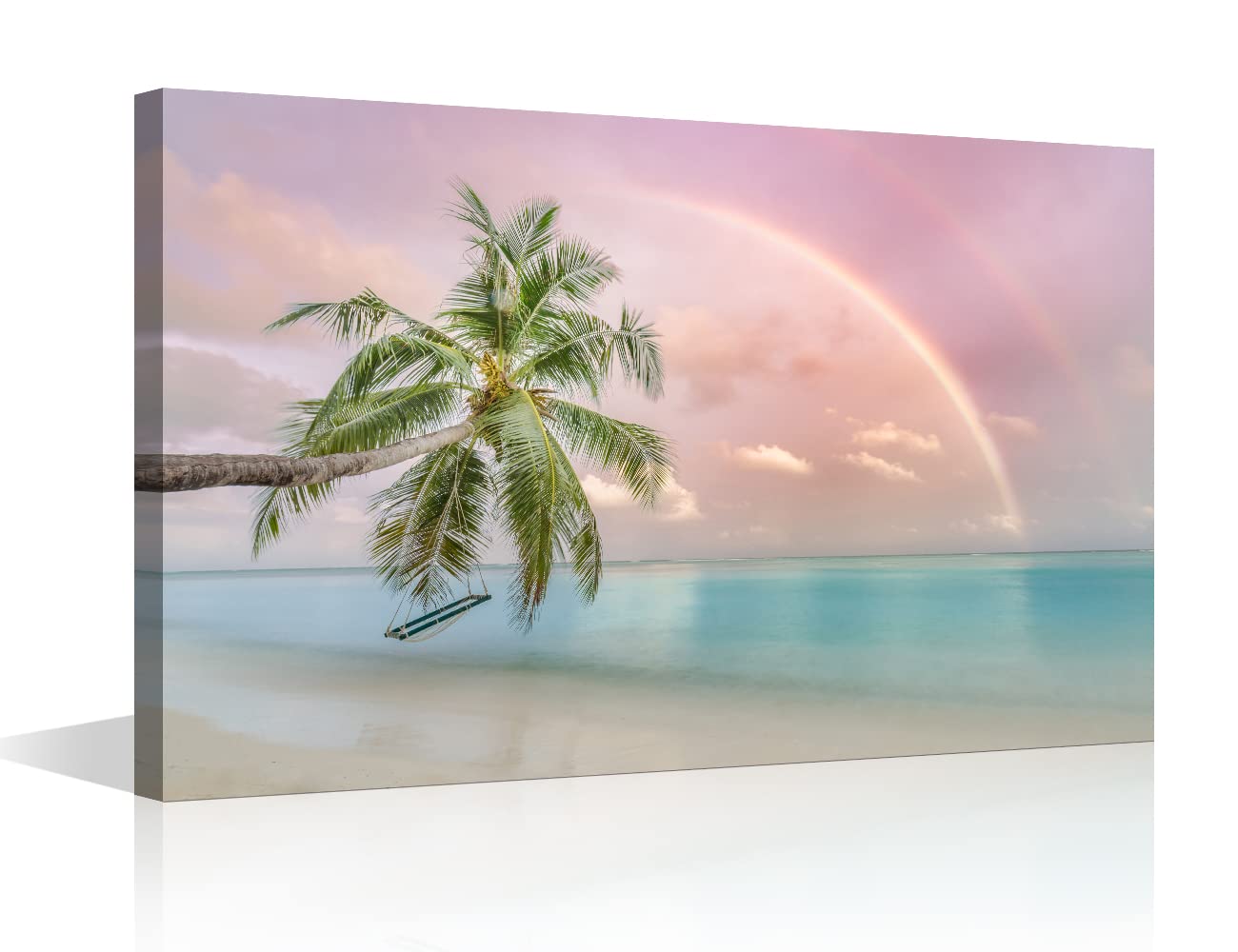 TISHIRON Canvas Wall Art Summer Ocean Coconut Trees on Sands Beach Panoramic Seascape Scenery Painting Canvas Artwork Sea Nature Picture for Home Office Wall Decor Framed Ready to Hang (12X8in) — image 1