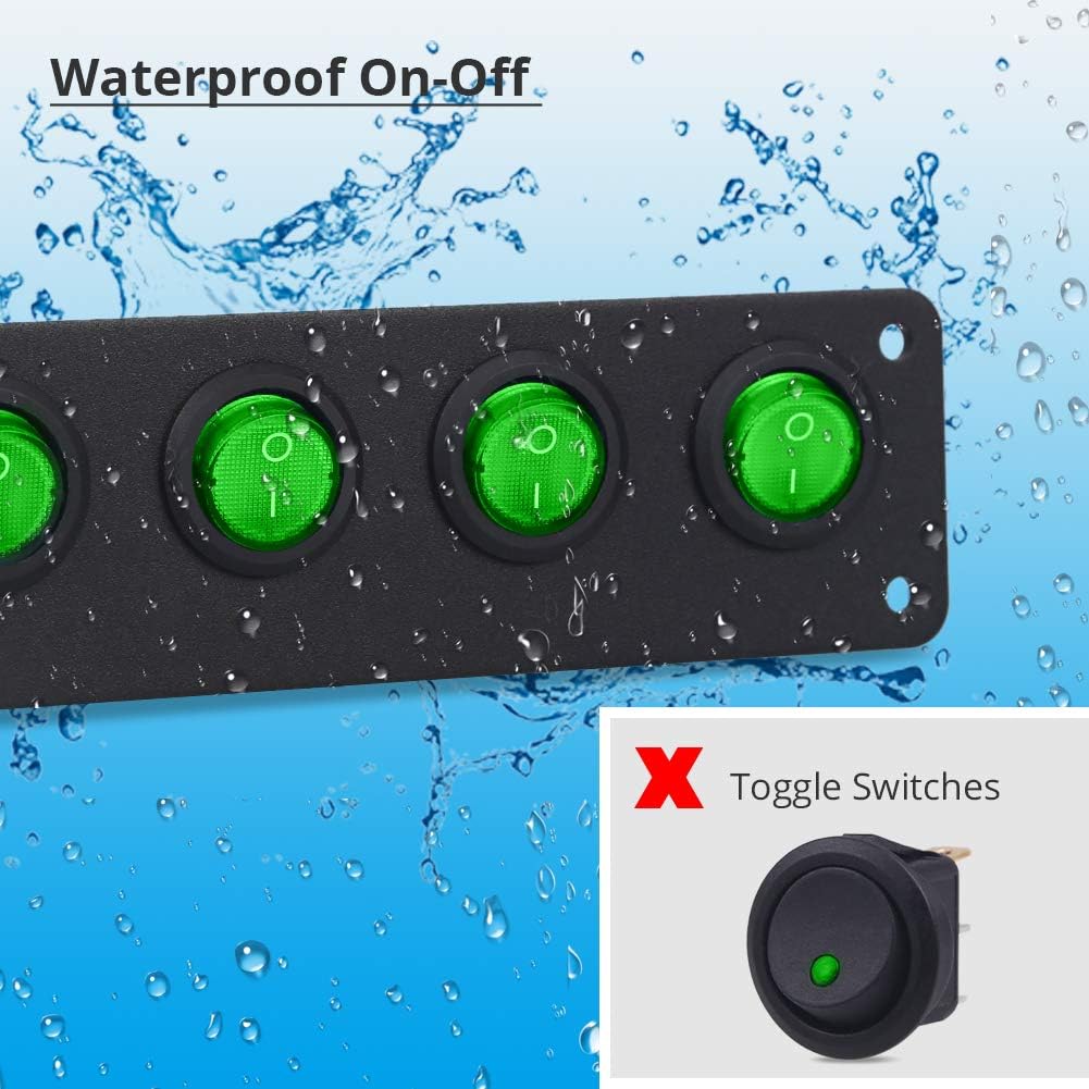 WATERWICH DC 12V-24V 5 Gang ON-Off Buttom Ignition Marine Boat Toggle Rocker Switch Panel Waterproof for RV Car Vehicles Truck Trailer Yacht SUV (5 Gang Green): Automotive