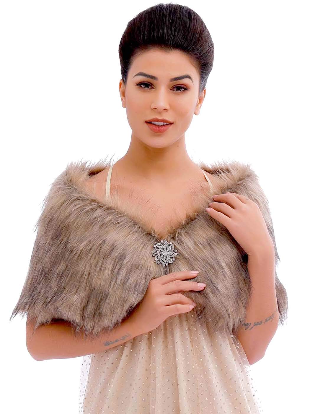 Aukmla Wedding Party Fur Wraps and Shawls Bridal Fur Stole Sleeveless Faux Fur Shawl with Stunning Rhinestones Brooch Aukmla Wedding Party Fur Wraps and Shawls Bridal Fur Stole Sleeveless Faux Fur Shawl with Stunning Rhinestones Brooch