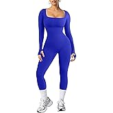 Popilush Jumpsuits for Women Long Sleeve Built-In Bra Square Neck Full Length Leggings Bodycon Stretch Workout Outfits