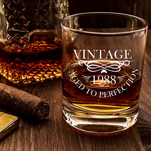 1988 30th Birthday Lowball Whiskey Glass for Men and Women - Vintage Aged To Perfection - Anniversary Gift Idea for Him, Her, Husband or Wife - 30 Year Old Presents for Mom, Dad - 11 oz Bourbon Scotch - Thumbnail 3