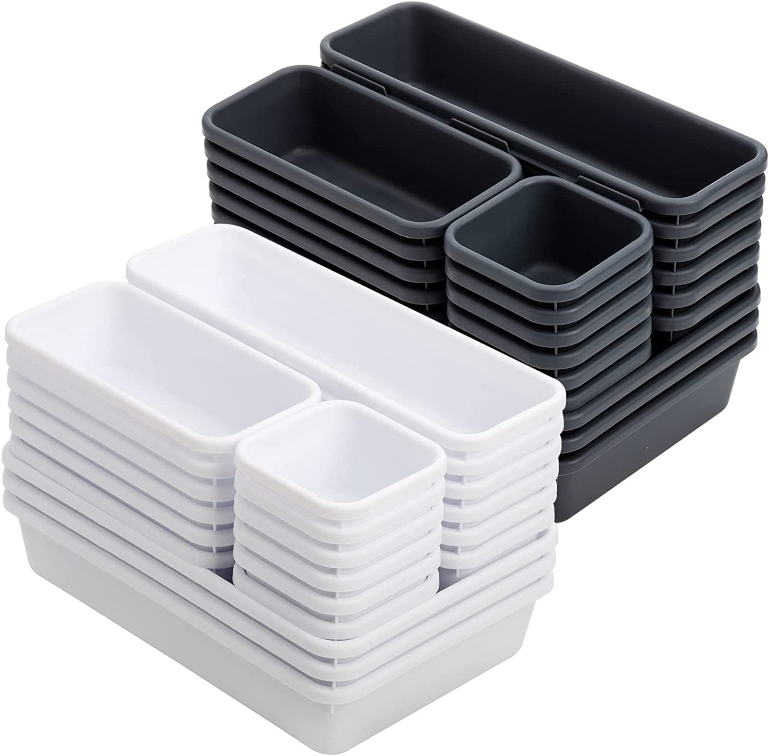 WUWEOT 42 Pack Interlocking Desk Drawer Organizer Tray, 4 Size Separators Storage Container Divider Bins for Kitchen Utensils Silverware Bedroom Dresser Cosmetic Makeup Tools Office Supplies