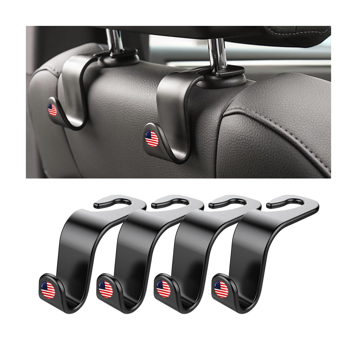 Hanemia 4 Pack Headrest Hooks for Vehicle Seats, Black/Red Flag
