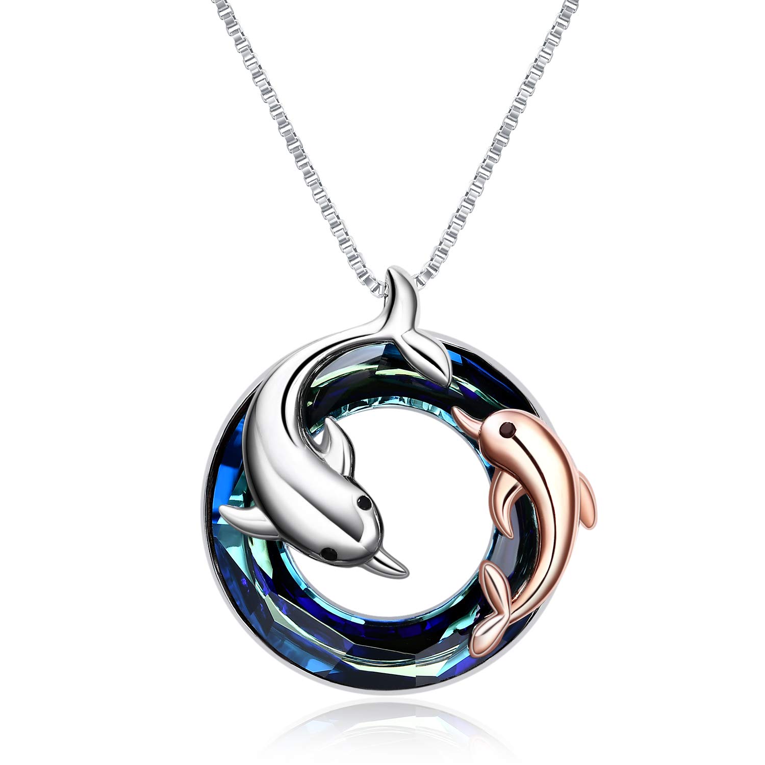 YAFEINI Dolphin Jewellery Necklaces Sterling Silver Crystal Dolphin Necklace Ocean Jewelry Pendant for Women Girls Sister