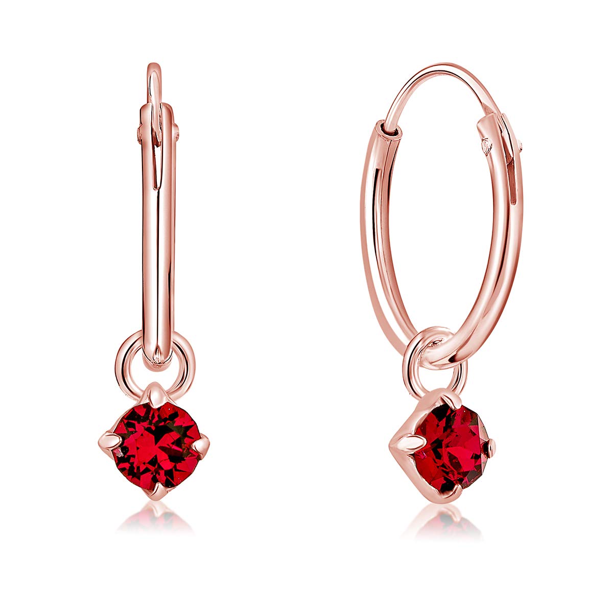 DTPsilver® 925 Sterling Silver Rose Gold Plated SMALL Hoops Earrings & Round Dangling 3 mm Crystals from Swarovski® Elements - Thickness 1.2 mm - Diameter: 12 mm - Colour : Ruby