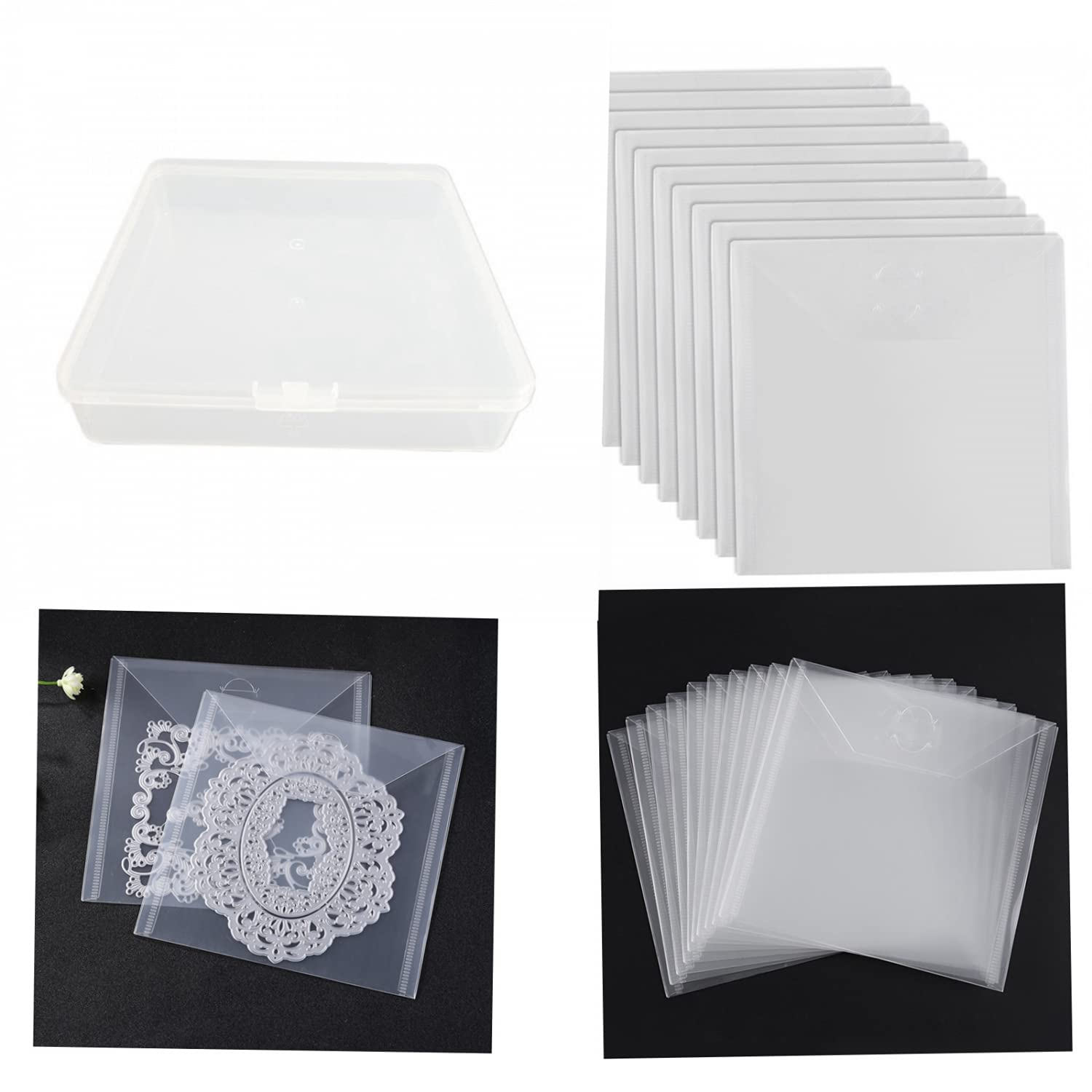 OTCRAFT 10pcs 6.5x6.5 and1pcs 7.1x7.1x2 Stamp & Die Storage Pockets Hook & Loop Closure Clear Seal Bags/Box Storage Case,Cutting Dies for Scrapbooking Paper Card Craft Cutting Dies Storage