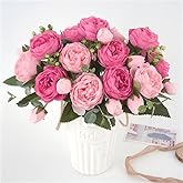 HoYuanFlo Artificial Peony Flowers Silk Peony Rose Real Touch Fake Flowers 3pcs Single Stem with 5 Heads Bouquet for Home Wedding Party Decoration (Pink)