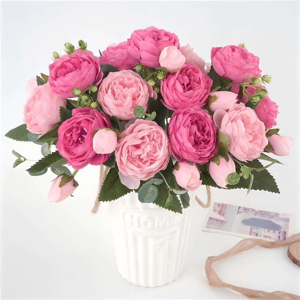 No Brands Artificial Flowers Silk Peony Rose Real Touch Fake Flowers 3pcs Single Stem with 5 Heads Vintage Bouquet for Home Wedding Party Decoration (Pink)